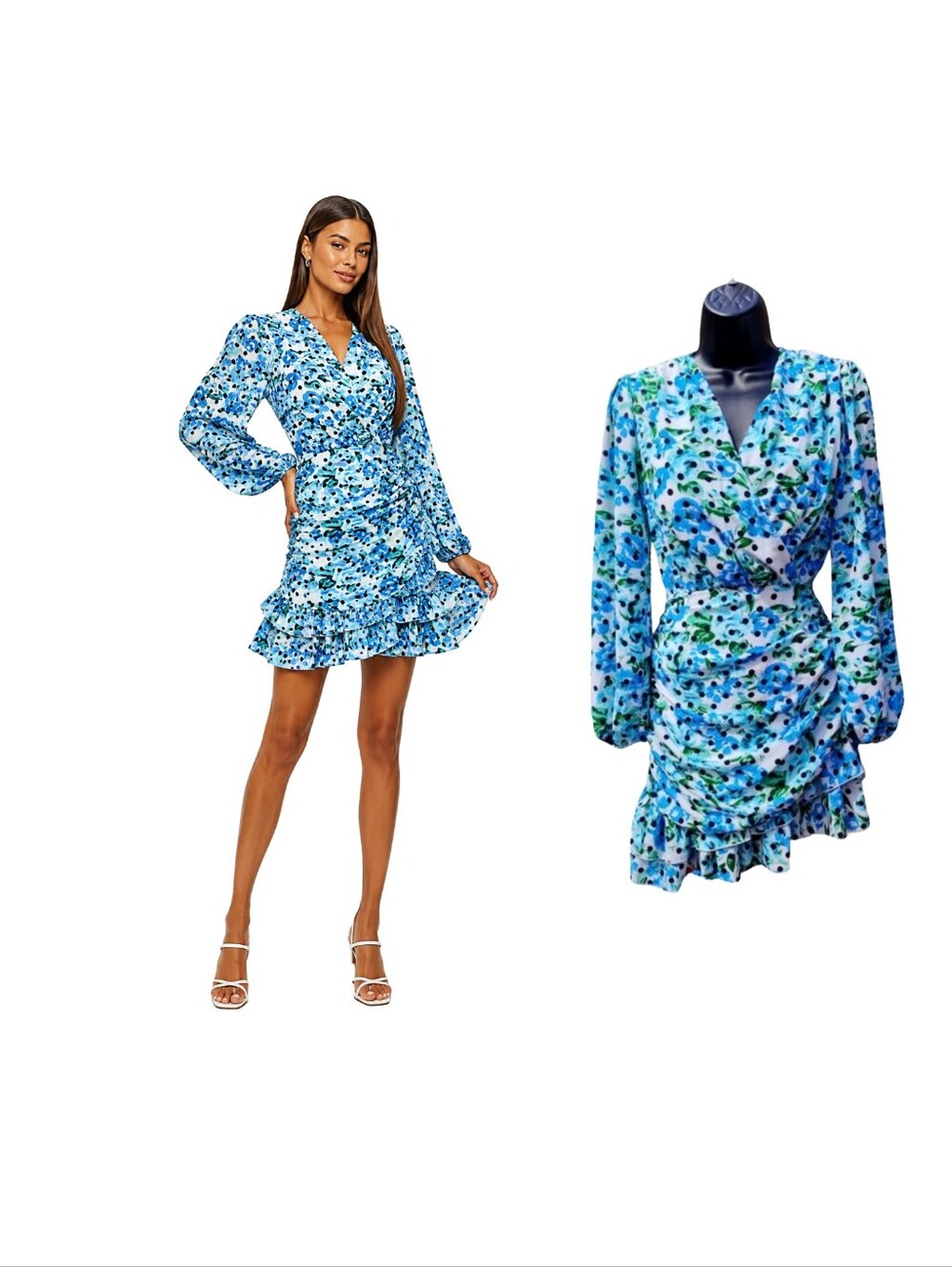 Romantic Blue Floral Polka Dot Ruched Ruffle Mini Dress Open Back US 4 - Picture 2 of 10